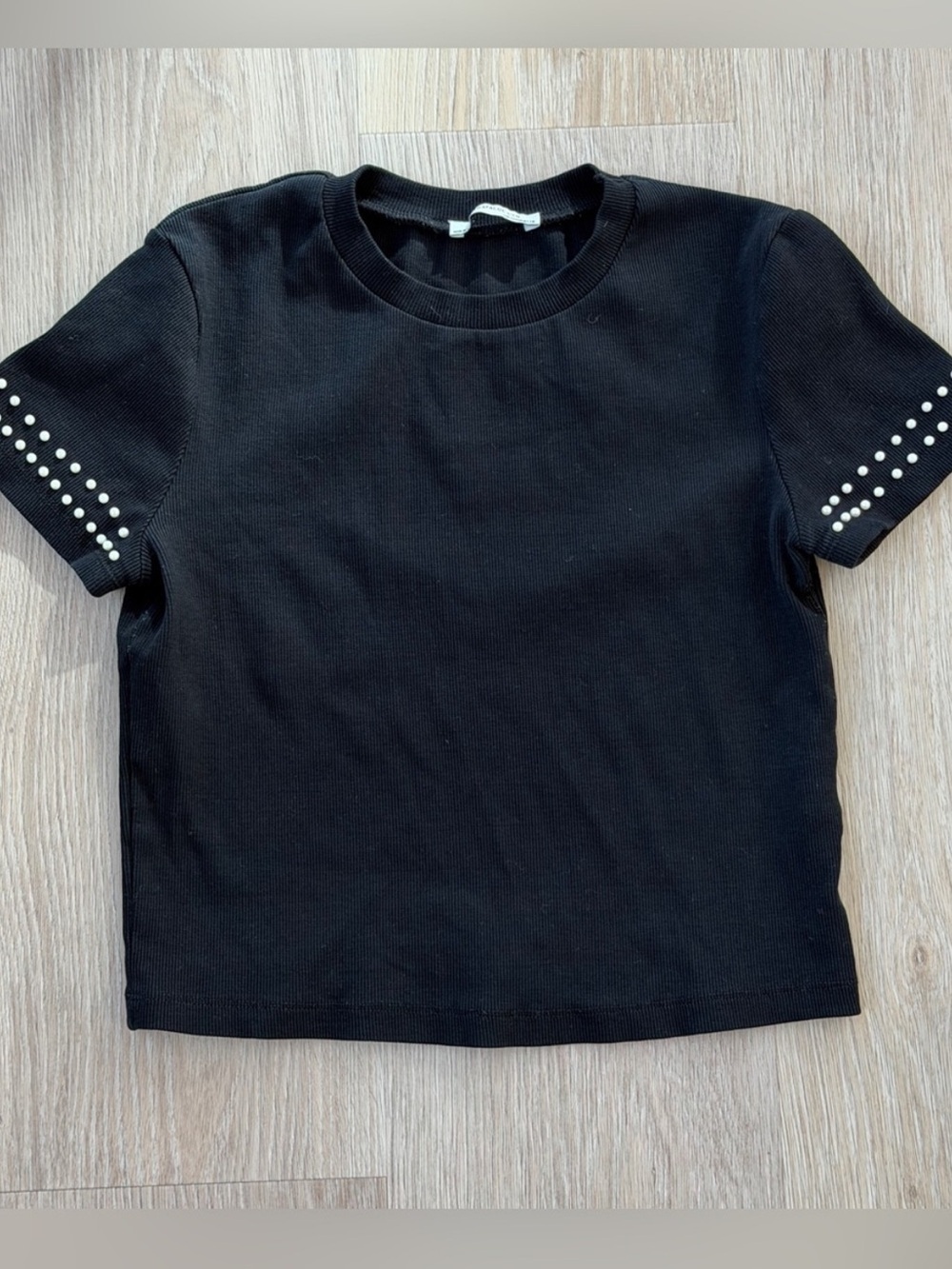 Zara Black Short-Sleeve Top with Pearl Embellishment Accent